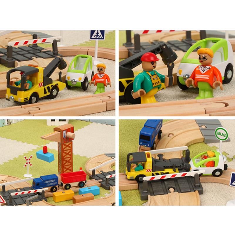 Wooden Train Track Set with Crane Works Rescue Educational Assemble Toys for Boys Girls Compatible with Wooden Rail Pd49