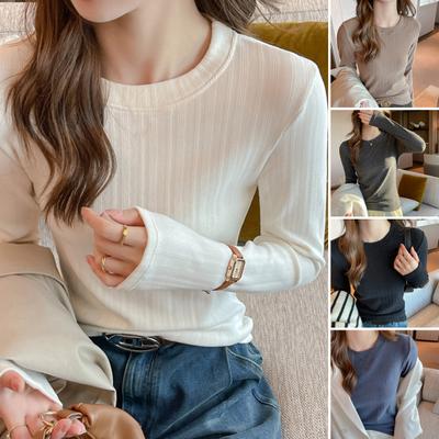 Women Bottom Tops Round Neck Long Sleeve Slim Fit Pullover Tops Solid Color Design Ribbed Texture Tee Shirt