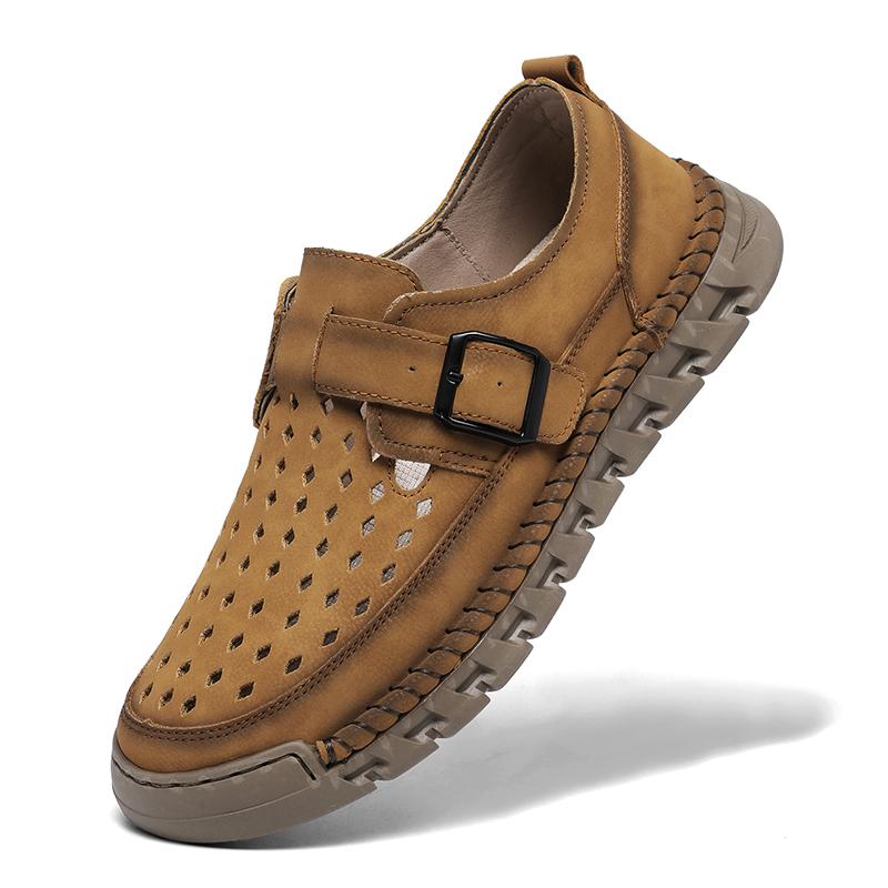 Fashion Summer Men's Perforated Breathable Handmade Stitched Cowhide Soft Sole Single Shoes Fashion Outdoor Men Comfortable Casual Shoes