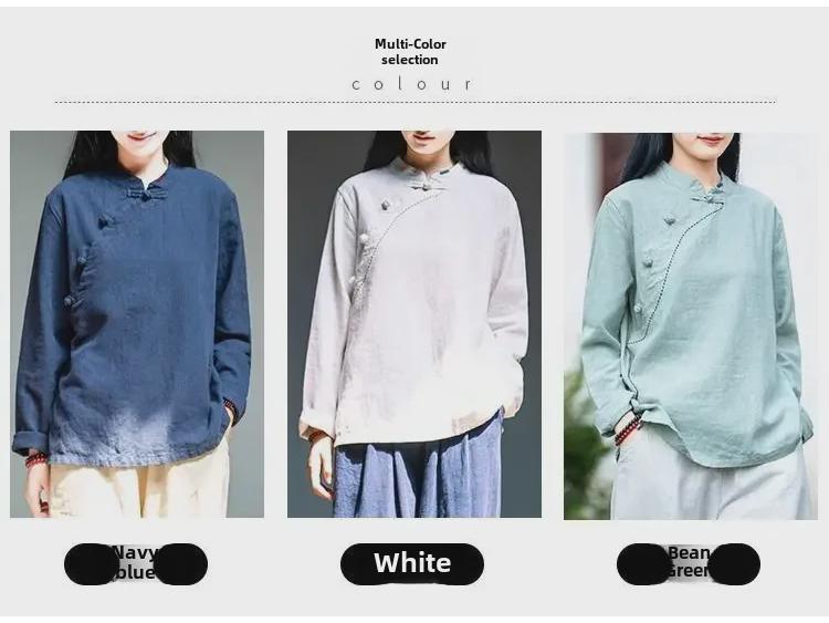 Damska bluzka z bawełny i lnu w stylu retro z długim rękawem: Wiosna/Lato, Krój Slim Fit, Stójka/Asymetryczny Kołnierz