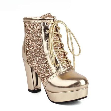 Autumn New Women Chunky High Heels Bling Party Ankle Chelsea Boots Gold Silver Red Black Big Size 34-48