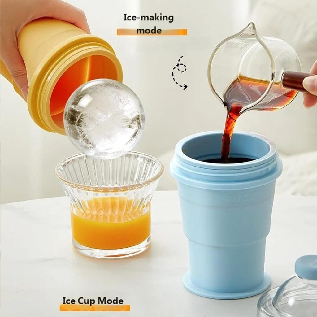 Portable Folding Ice Ball Cup 2 in 1 Silicone Ice Ball Maker Cup with Leak-resistant Lid & Straw for Travel Camping Cocktails