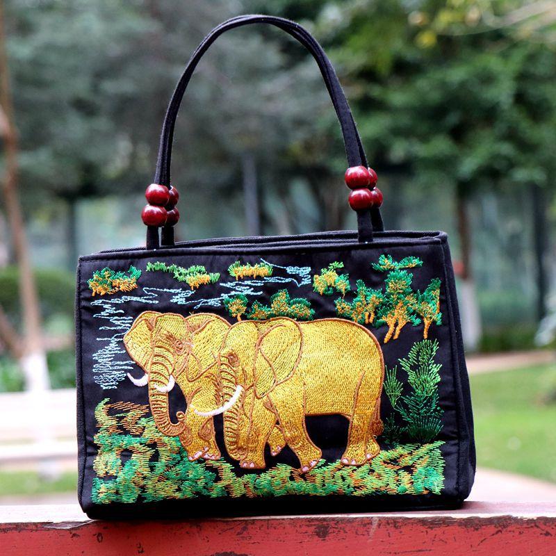 Ethnic Chic Double Wooden Bead Tote Bag - Reversible Double-Sided Floral Embroidery Boho Purse for Women, Tribal Pattern Casual Handbag