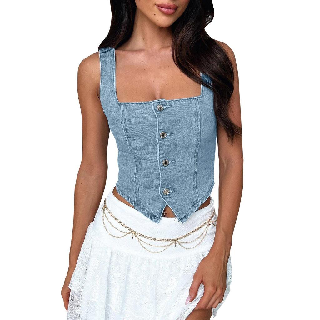 Women's Denim Vest Buttoned Straps Solid Color Suspender Top