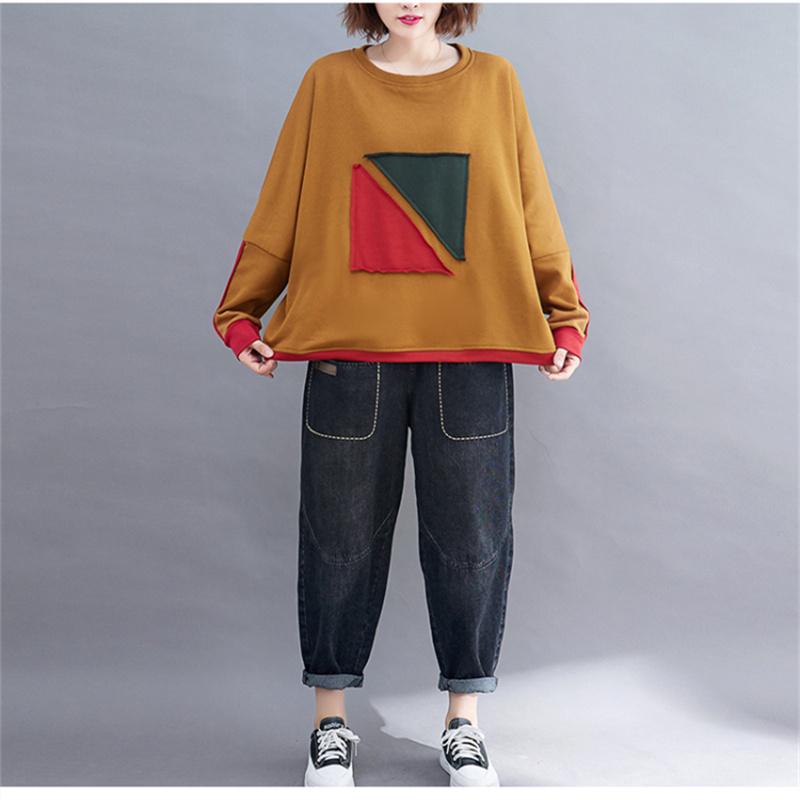 DIMANAF Большие размеры 2023, женские толстовки и свитшоты в стиле «летучая мышь», свободные повседневные осенние базовые топы с длинными рукавами в стиле пэчворк, футболка, новый зеленый пуловер ONE SIZE жёлтый