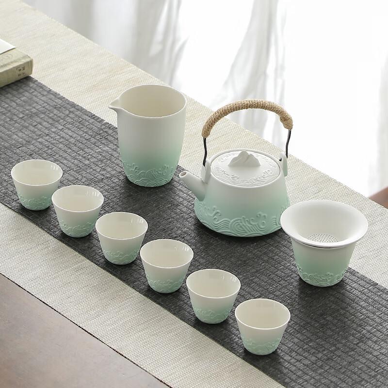 Lainuo Coarse Pottery Gradient Green Wave 9-Piece Tea Set
