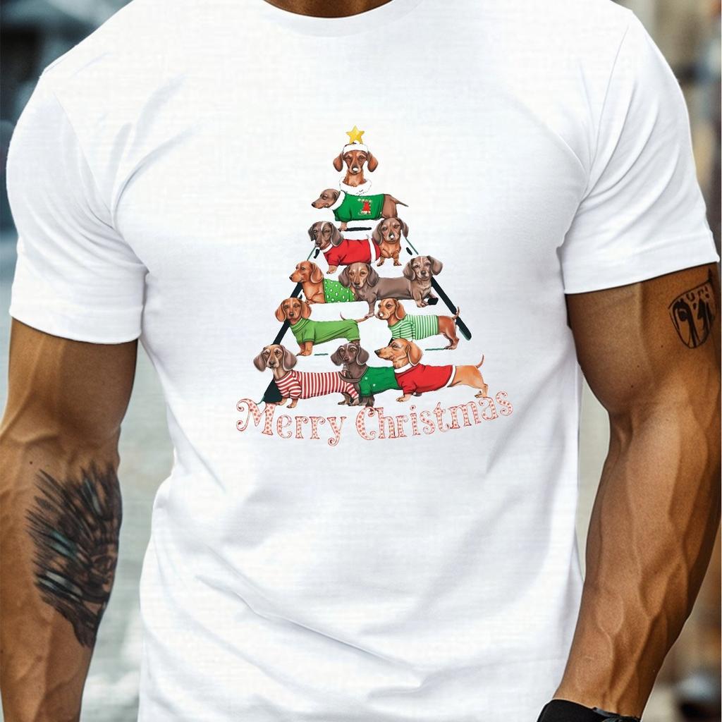 Dachshund Merry Christmas Tree Graphic Print Mens Casual Short Sleeve TShirt Crew Neck Cotton Tee