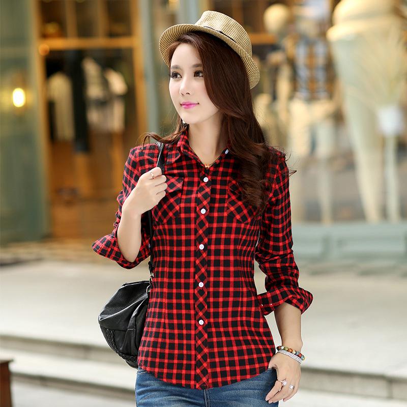 New Cotton Women's Shirts Grid Plus Size M-5XL Blouse Shirt Casual Long Sleeve Checkered Shirt  Turn-down Collar Streetwear