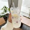 Kawaii blomma glaskopp med lock sugrör Söt apelsin kaffemugg Mjölkdrycker Koreanskt vatten Juice Tekopp Dryckesgods Present 600ml