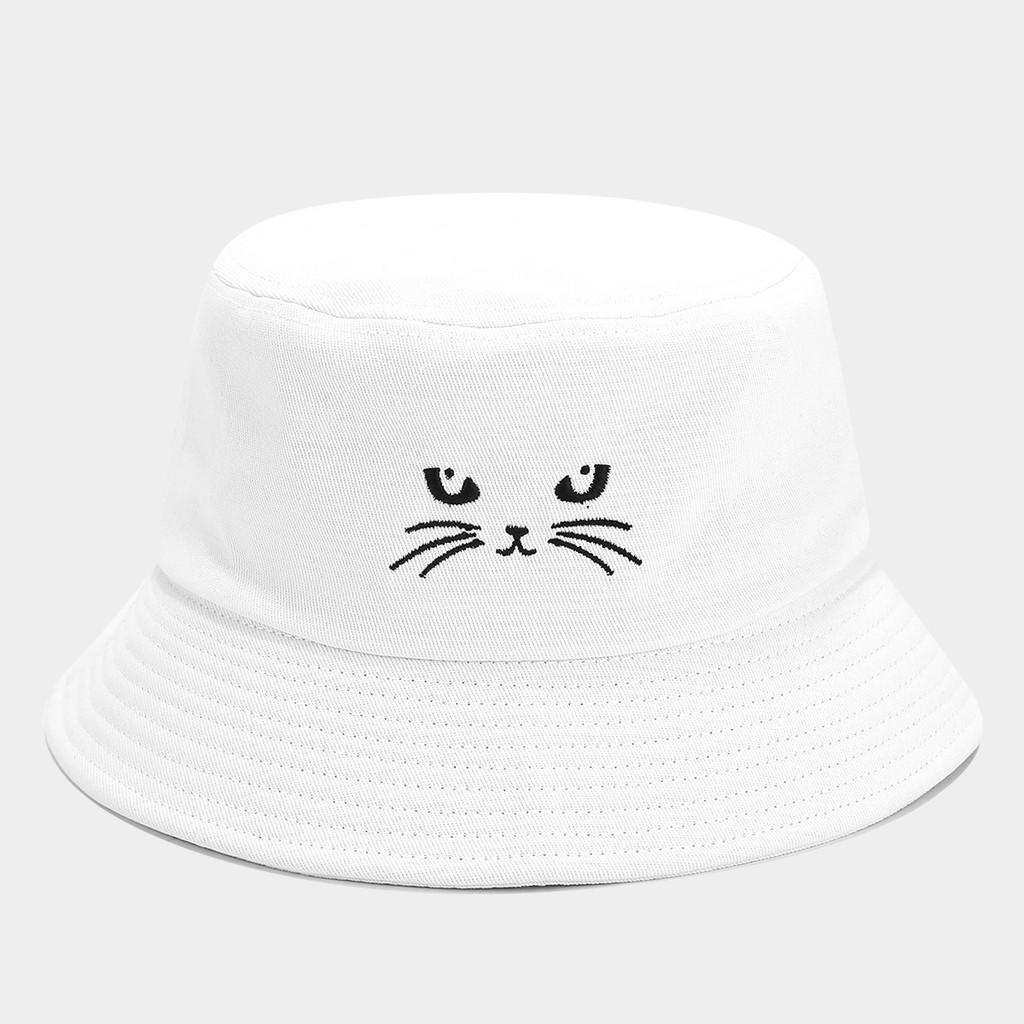 

Summer Cat Embroidery Fisherman Hat With Sun Protection For Women And Men White