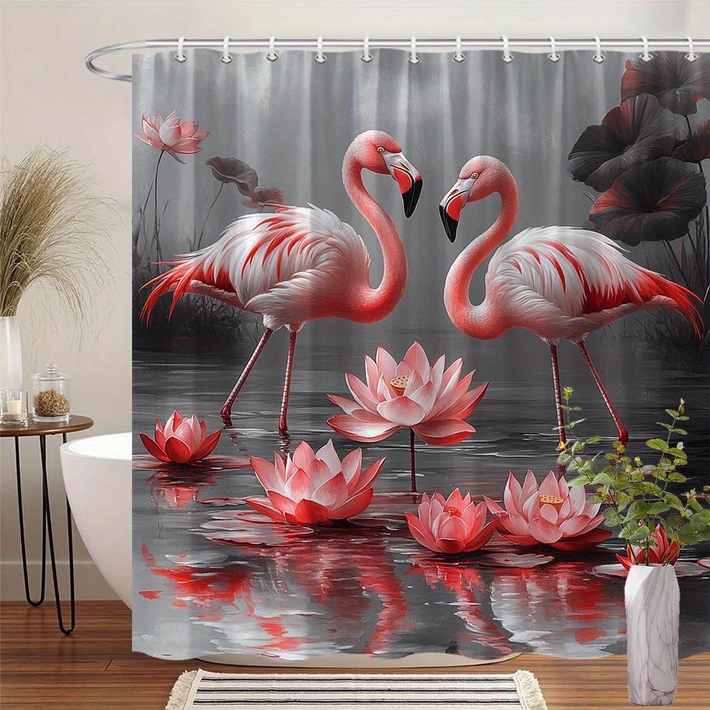 

Pink Flamingos Shower Curtain - Serene Pond With Lotus Flowers, Misty Grey Landscape, Romantic Digital Painting Design,12 Hooks W60H190(CM)-1 Pcs