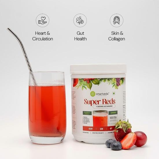 Smartveda Super Reds Pulver | 17+ Früchte, Beeren & Rote Bete Extrakt | Stevia (Ohne Zuckerzusatz) & Darmgesundheit, Hautstrahlen | 25 Portionen Gesundheitsmischung