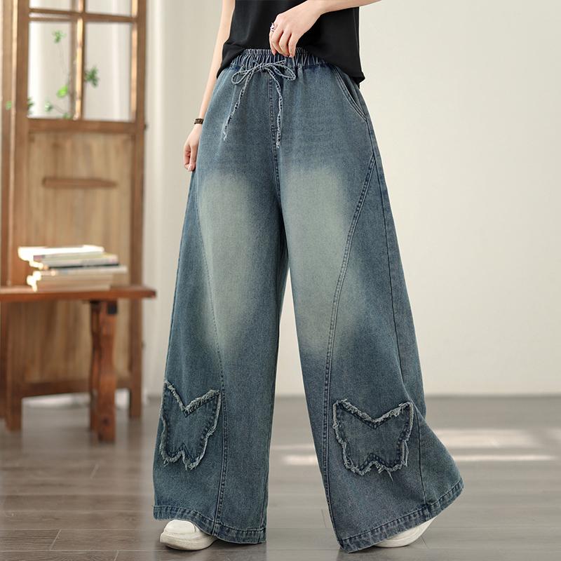 DIMANAF 2026 Summer New Plus Size Women Jeans Elastic Waist Long Pants Loose Casual Denim Cotton Trousers Blue Pants