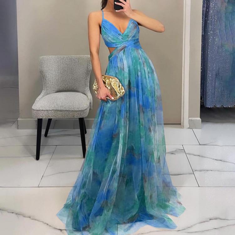 Summer V Neck Casual Party Dress Women Mesh Printed Suspender Holiday Dress