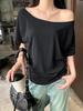 2026 Summer Plus Size Women's One-Shoulder T-Shirt - Slimming, Tummy Concealing, Pure Cotton, Versatile Casual Top