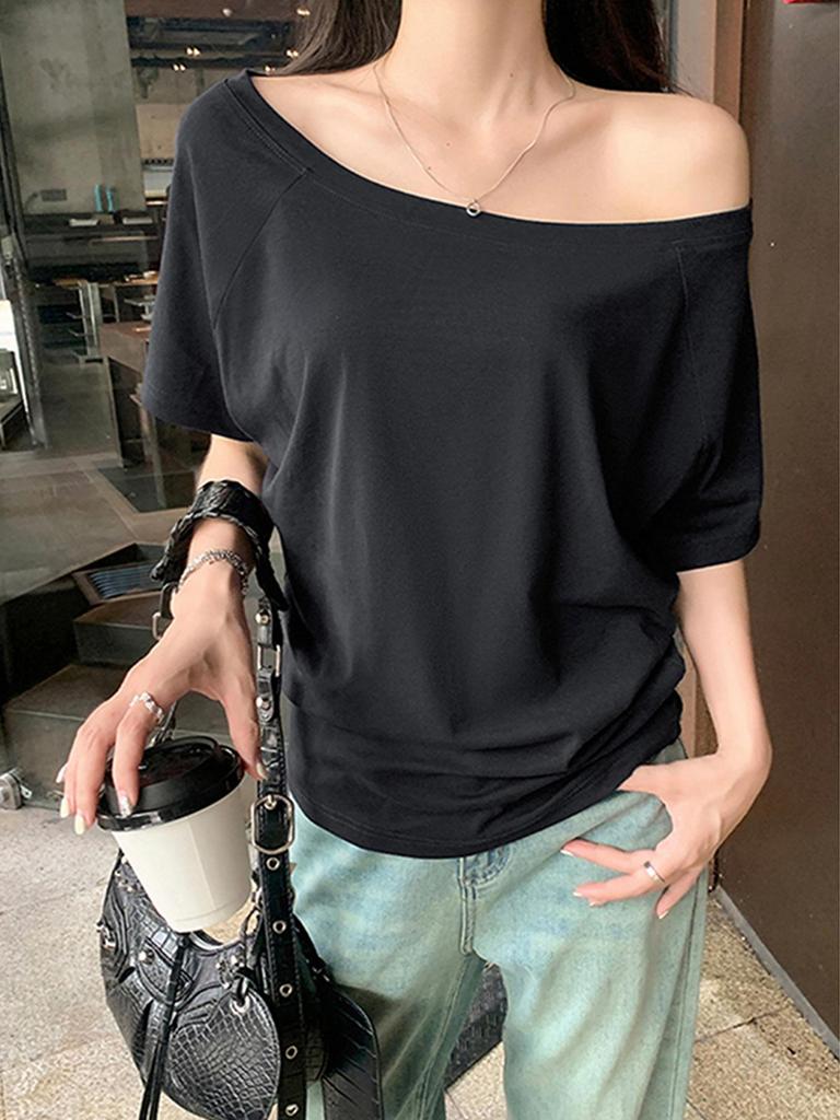 2026 Summer Plus Size Women's One-Shoulder T-Shirt - Slimming, Tummy Concealing, Pure Cotton, Versatile Casual Top