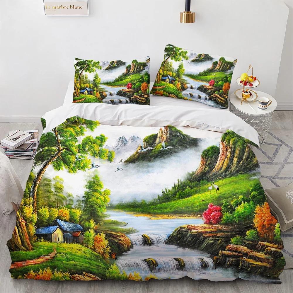 Krásný malovaný povlak na přikrývku a polštáře velikosti King Queen polyesterová ložní souprava pro děti chlapce dívky povlak na přikrývku vzor Dům Strom