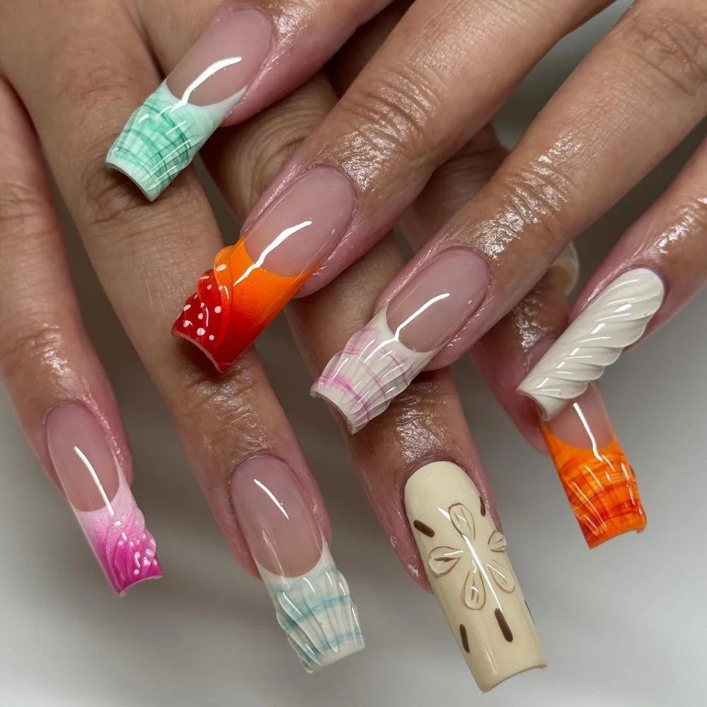 24PCS Square with Press on Nails Luxury Nude Pink Leopard Flower Artistic Fake Nails French Vintage Elegant Design False Nails