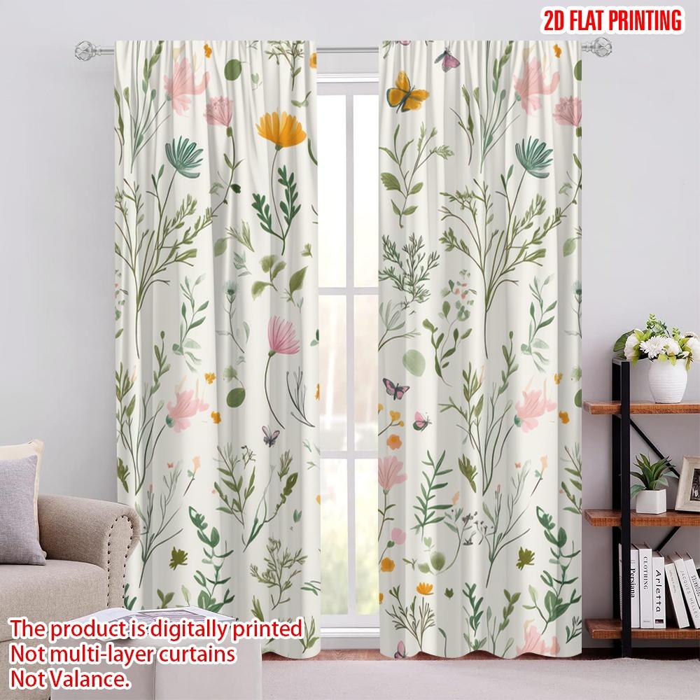 2pcs Window Curtains Garden Plants Flowers Botanical Versatile Durable Polyester,Without Electricity Festive Backdrops Use for