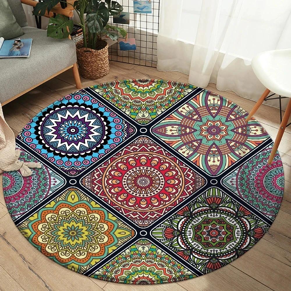Alfombra Redonda Mandala Boho Alfombra de Área con Estampado Floral Colorido Para Sala de Estar Dormitorio Silla Felpudo Antideslizante para Suelo Hogar Cocina Felpudo de Puerta