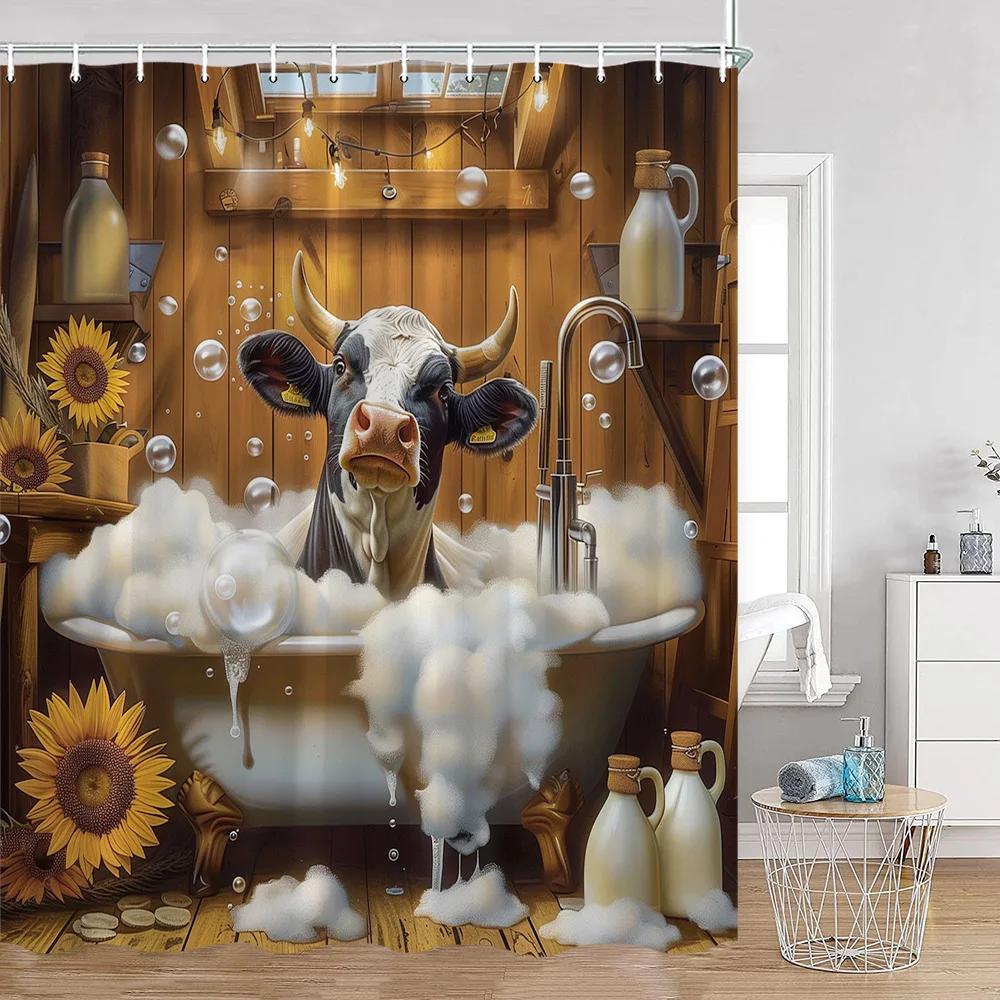 Lustige Badetiere Duschvorhänge Hochlandrinder Kuh Badewanne Druck Badezimmerdekorationen Cartoon Polyester Badvorhang