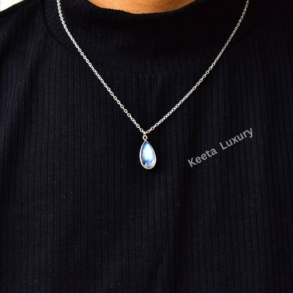 Moonstone Necklace, Delicate Necklace, Boho Moonstone Drop Necklace, Rainbow Moonstone Tear Drop Pendant, Sterling Silver Moonstone Necklace