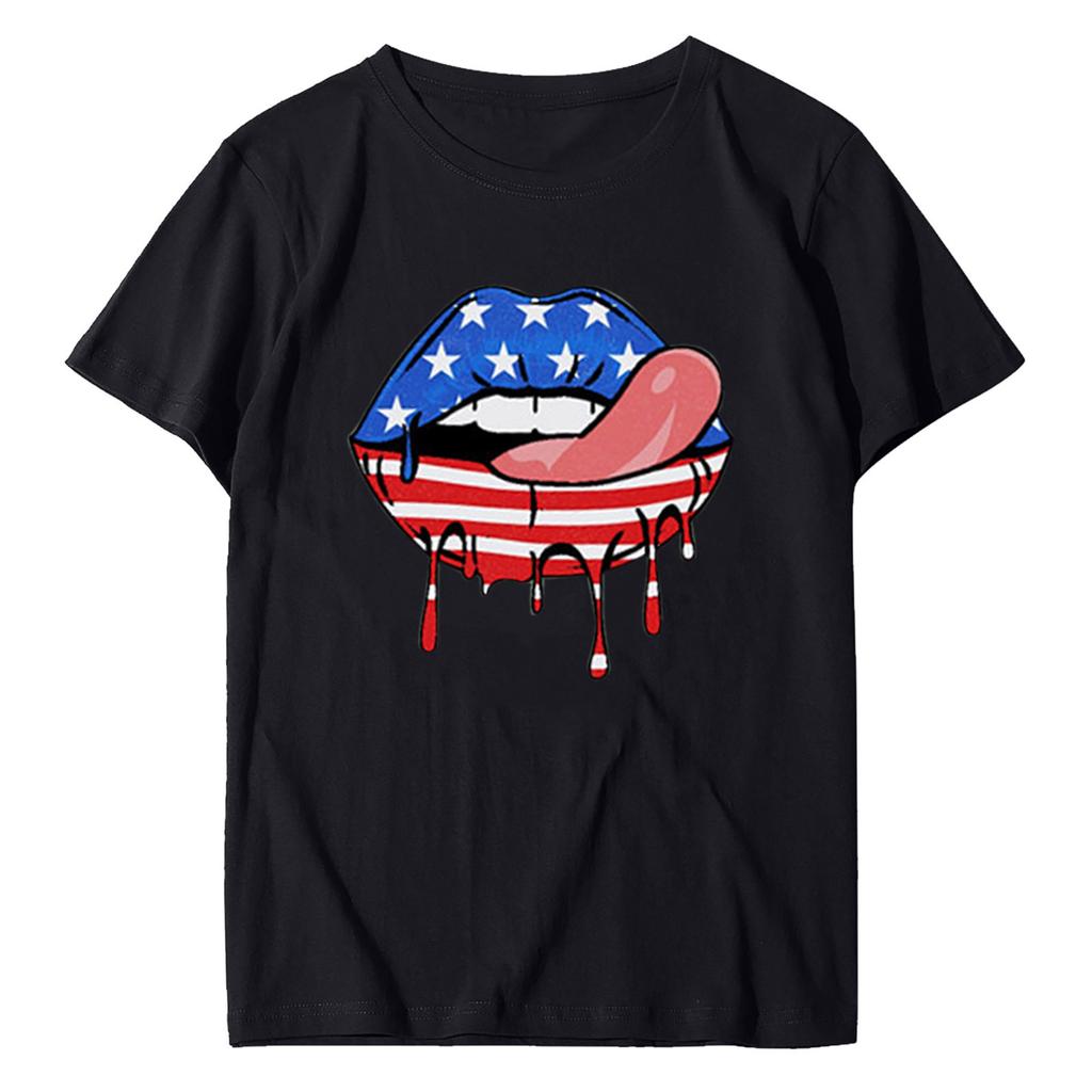 Real Shot Amazon Independence Station Cross-border European, American Independence Day Printed Short Sleeve Top Women's Summer Outer Bottom Shirt