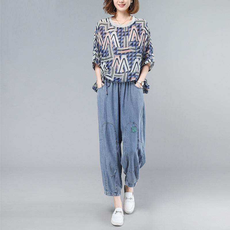 Summer 2023 Stylish Loose Fit Two-Piece Suit for Middle-Aged Women - Short-Sleeve Top & Pants Set
