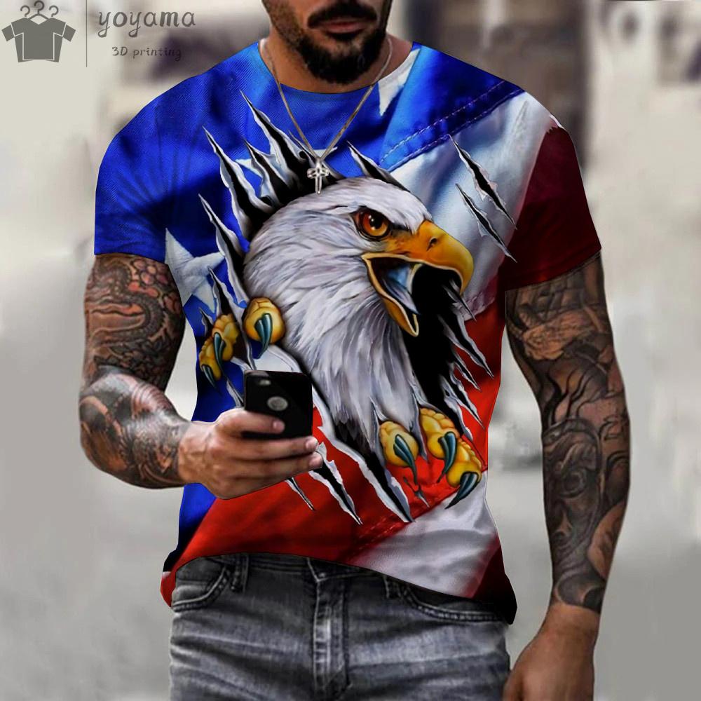 Summer Round Neck 3D American Flag Eagle Graphic Print Top Fashionable Casual Short Sleeved Men's T-shirts