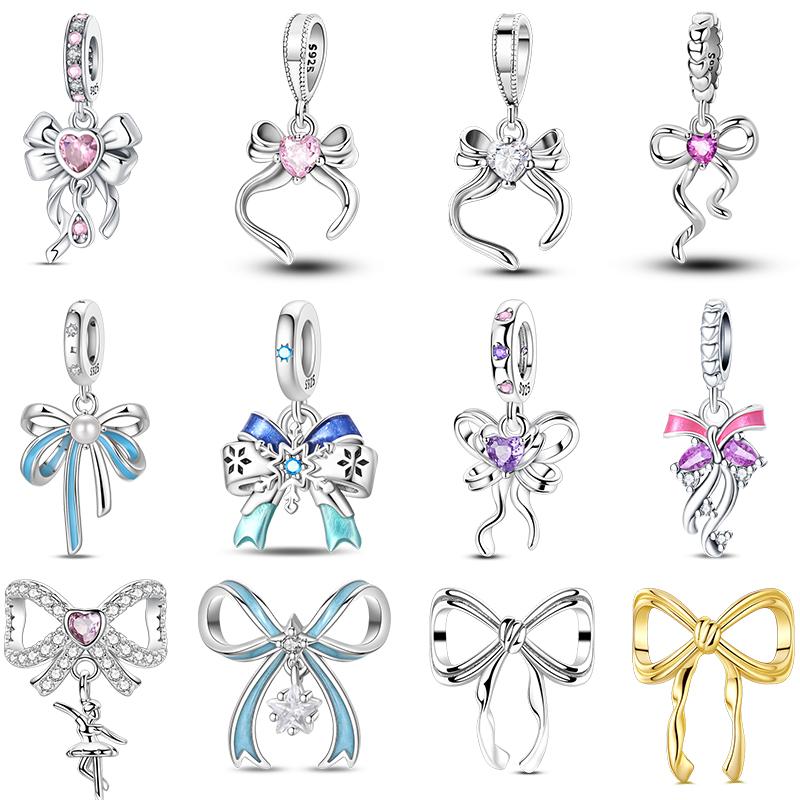 Copper Bow Charms Copper Pink Heart-Shaped Bow Pendants Charms Beads Fit Original Bangle Bracelets Diy Jewelry