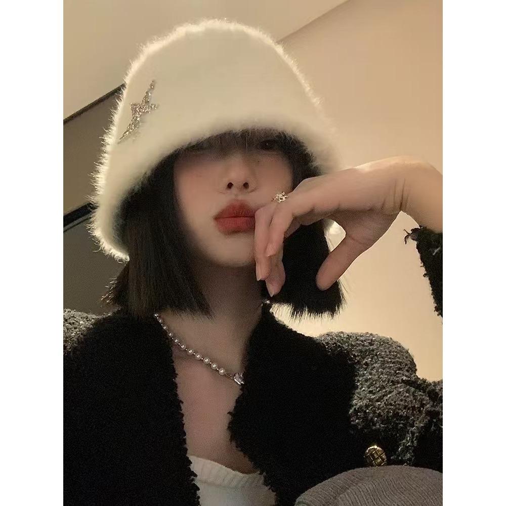 White Fisherman Hat Women's Autumn Winter Warm Bucket Hat Large Head Circumference Plush Hat