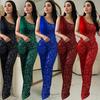 European & American Women's Solid Color One-Shoulder Sequin Jumpsuit