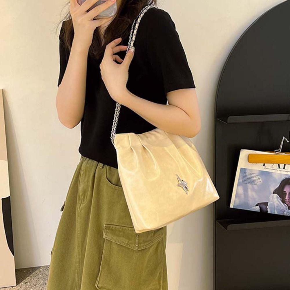 

Large Capacity PU Leather Shoulder Bag Metal Chain Handle Y2k Style Underarm Bag Shopping
