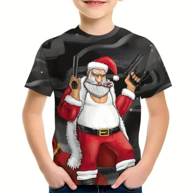 Tricouri de Anul Nou pentru Copii cu Imprimeu Moș Crăciun Băieți Top Confortabil de Modă Mânecă Scurtă