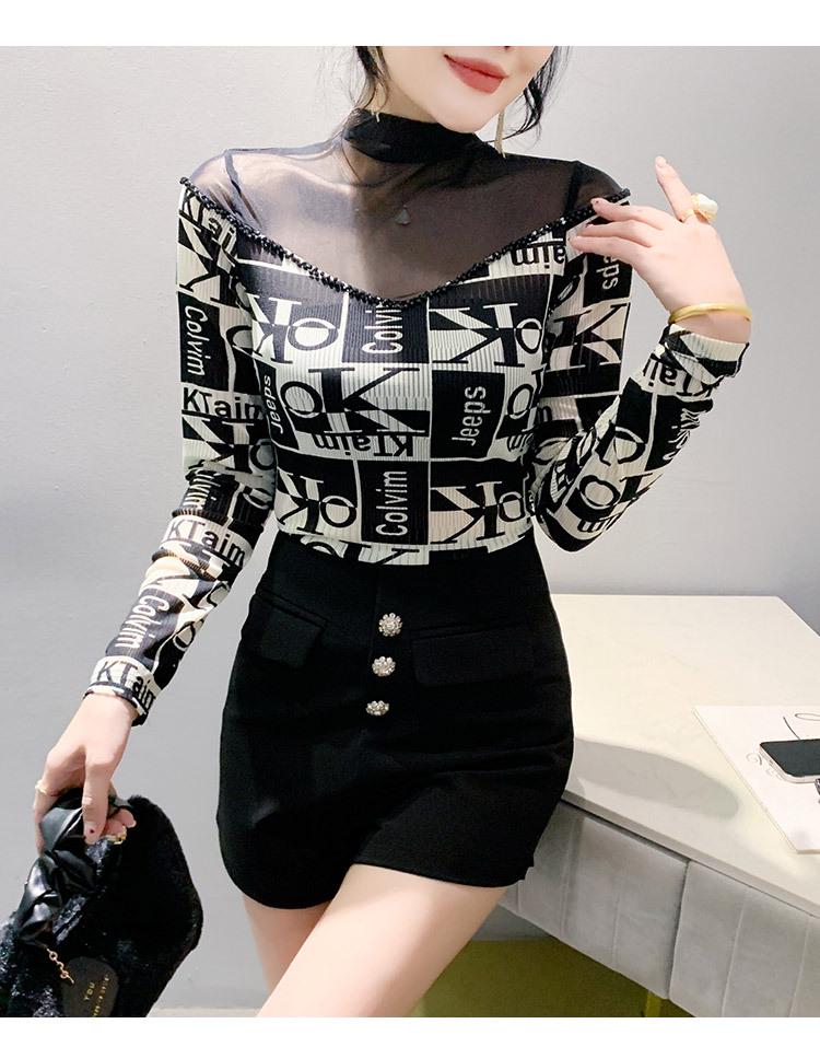 2024 Autumn Women's Slimming Mesh Print Long Sleeve Shirt