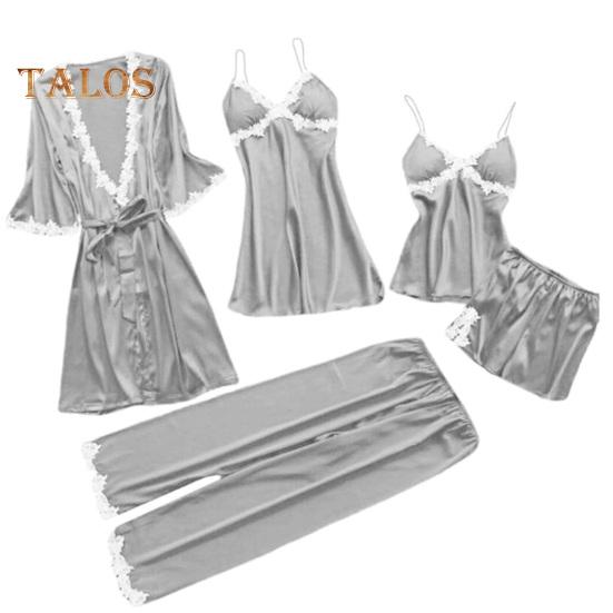 5 Pcs/Set Women Pajamas Suit Nightgown Nightdress Top Shorts Pants Set Silky Satin Lace Patchwork Loose Lace-up Waist Thin Women Homewear Set