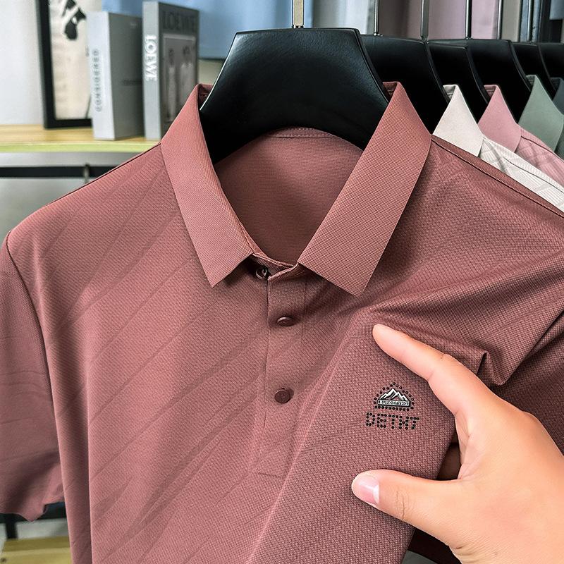 Pánské pulovrové tričko s klopou z ledového hedvábí s krátkým rukávem, trendy polokošile, ležérní top pro otce