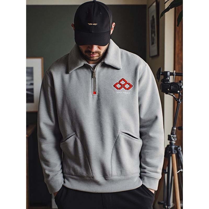520g Heavyweight Embroidered American Retro Half-Zip Lapel Sweatshirt for Men, Autumn and Winter Base Layer, Export Men's Casual Jacket