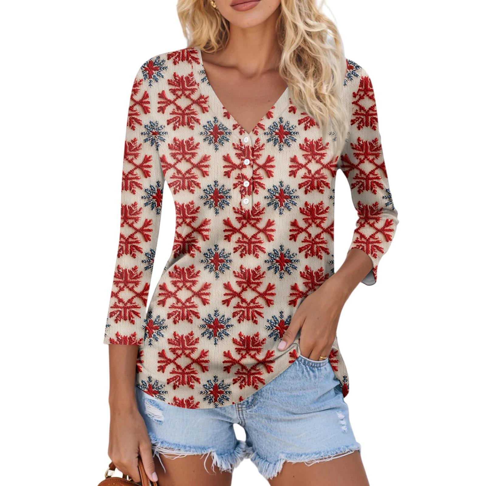 

Women s Casual Fashion Sexy Comfortable Christmas Print V-Neck Button Three-quarter Sleeve Top L красный
