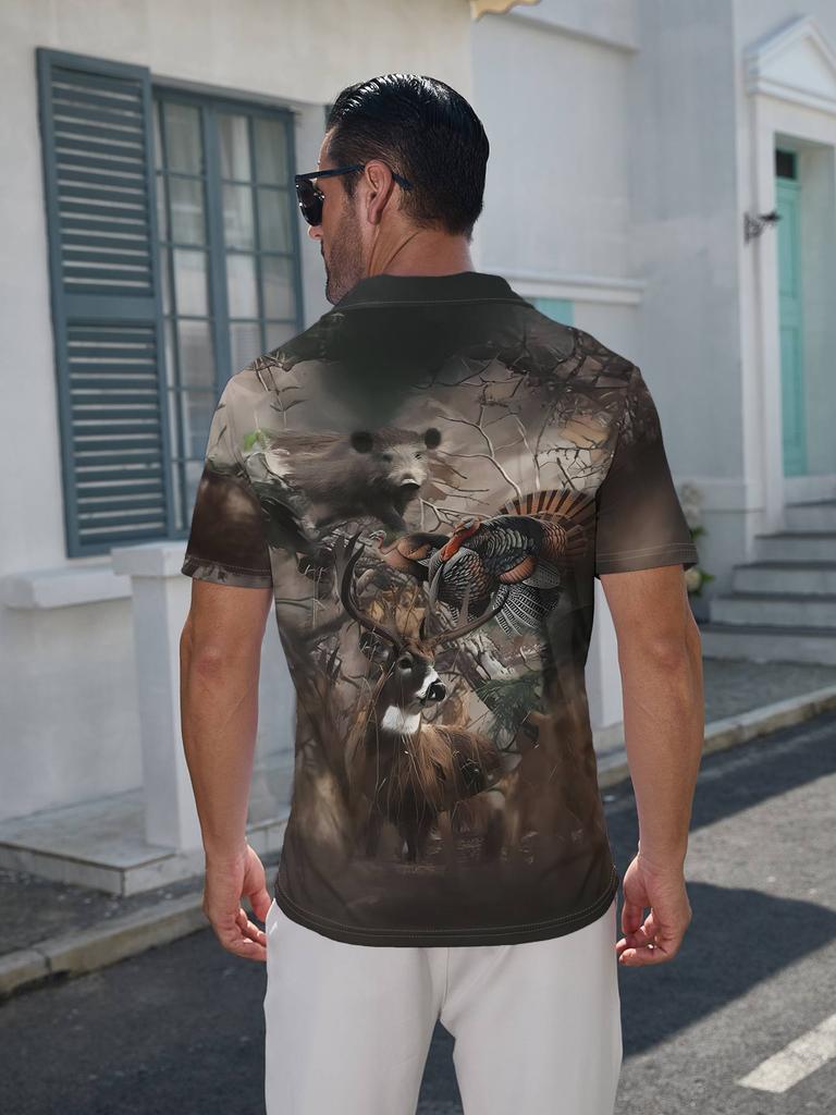 Men's Short-Sleeve Camouflage Polo Shirt - Wild Boar Turkey Deer Jungle Print Button-Up Lapel Collar, Full-Body Camo Shirt Suitable for Dates, Beach