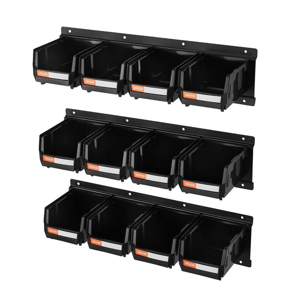 Wall Mounted Storage Bins, 12 Plastic Bins & 3 Metal Rails, Plastic Hanging Stackable Storage Bin for Screws, Nuts, Bolts, Nails, Hardware Tool