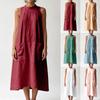 Women Sleeveless Stand Collar Cotton Linen Dress Vintage Loose Fit Midi Dress with Front Pockets for Summer Casual Wear