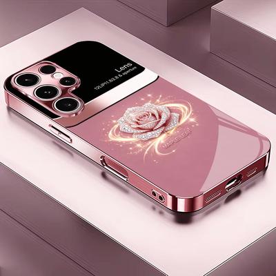 Fashion Rose Pink Gold Phone Case Glass S26 Ultra Case S25 Ultra Case for Samsung Galaxy S26 S25 S24 S23 S22 FE,Ultra,Plus