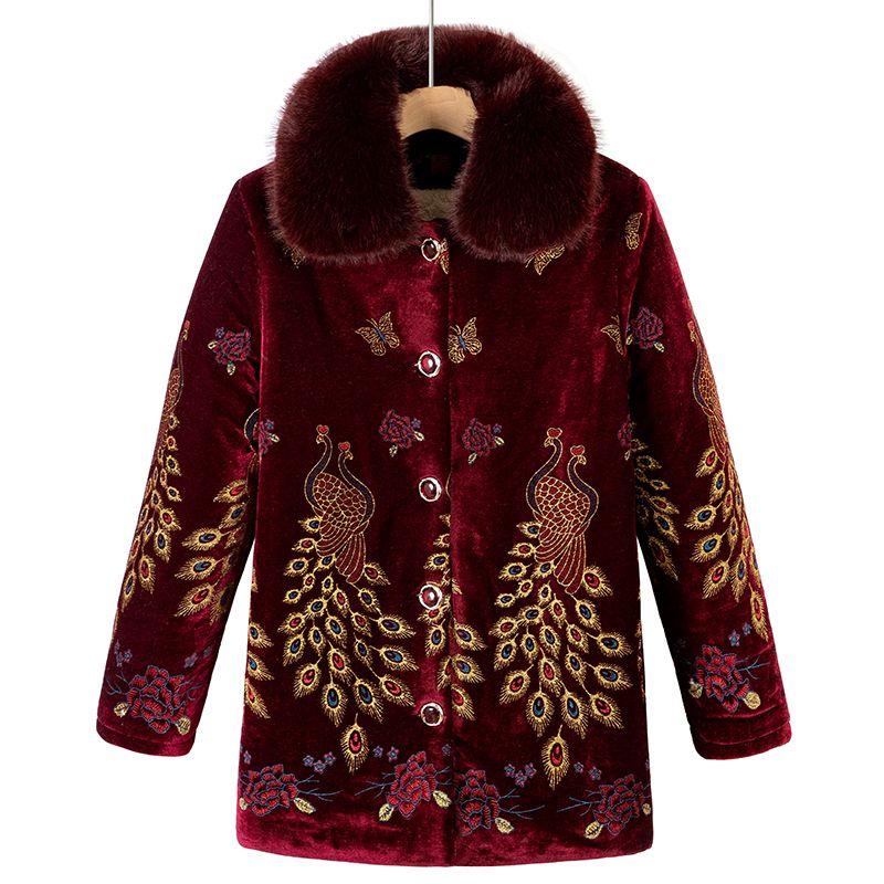 Winter Warm Fleece Lined Coat for Middle Aged Women Thickened Printed Cotton Clothes