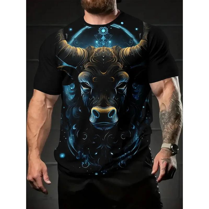 Summer Round Neck 3D Funny Bull Graphic Print Top Fashionable Casual Short Sleeved Men's T-shirts