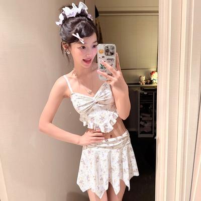 Youduo Floral High-end Bikini Pure Desire Vacation Pleated Skirt Split Swimsuit Women Cover Meat and Look Thin Hot Spring Seaside