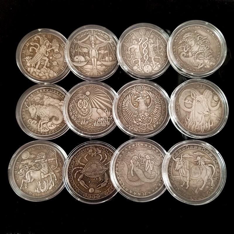 Antique Iron Box of European and American Silver Zodiac Coins