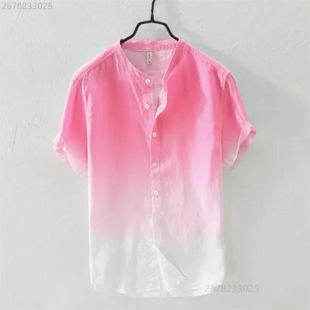 Short-sleeved Shirt Linen Cool Breathable Comfortable Gradient Blue Hawaiian Beach Men's Cardigan Shirt