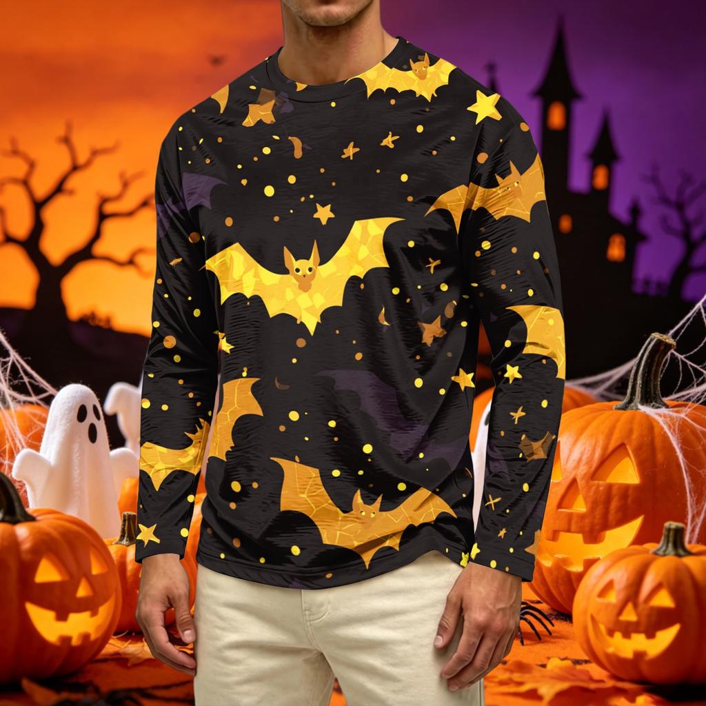 Men's Casual Long Sleeve T Shirt Crew Neck Halloween Pumpkin Print Lightweight Comfortable Fit Top for Everyday Wear