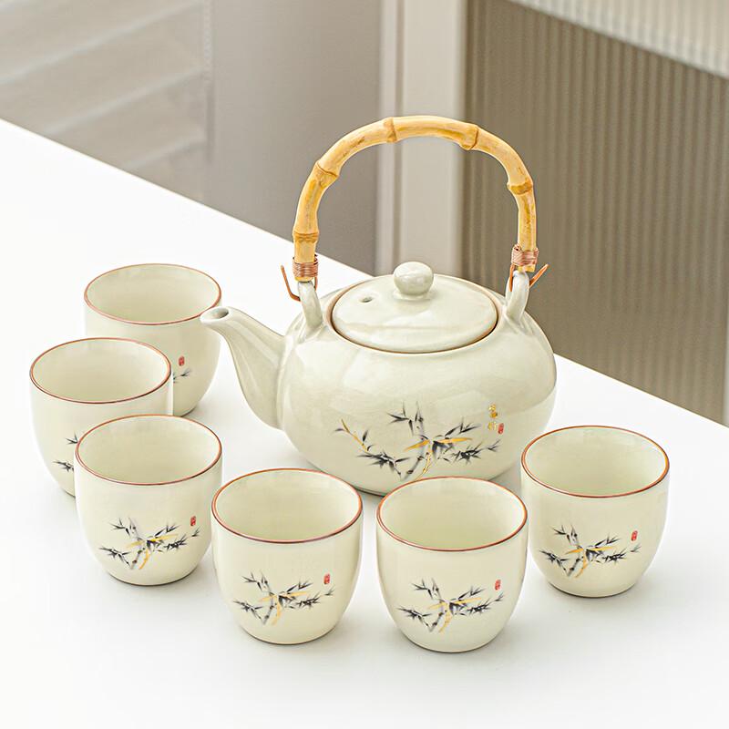 Lainuo Beige Ru Kiln Bamboo Handle 7-Piece Tea Set